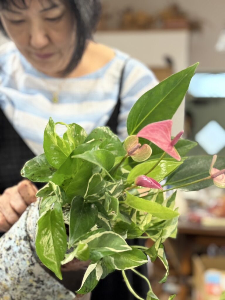 ピンクの花をあしらった観葉植物のギャザリングを手にする人