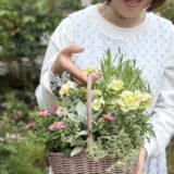 女性が庭で花かごを手にして微笑んでいる。かごには黄色やピンクの小花と緑の葉がバランスよく植えられており、春らしいやさしい雰囲気が漂っている。背景にはぼんやりとした緑の庭が広がっている。