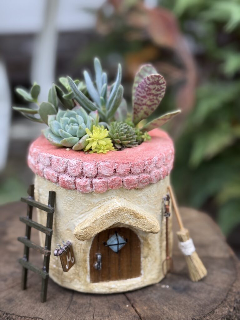 丸い小さな家の形をしたモルタルアートの鉢で、上部のピンク色の屋根部分に多肉植物が寄せ植えされている。青みがかった多肉や斑入りの葉、黄色い小さな花がバランスよく並ぶ。家の正面には木の扉や小さな窓があり、横にはミニチュアのはしごとほうきが飾られ、童話の家のような温かい雰囲気がある。