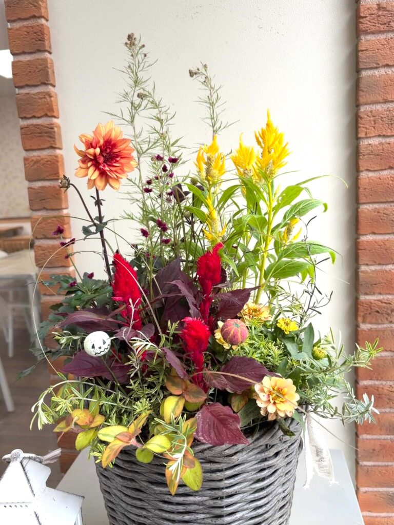 赤と黄色のケイトウやオレンジ色の花に、ハロウィンの飾りを添えたかごの寄せ植え